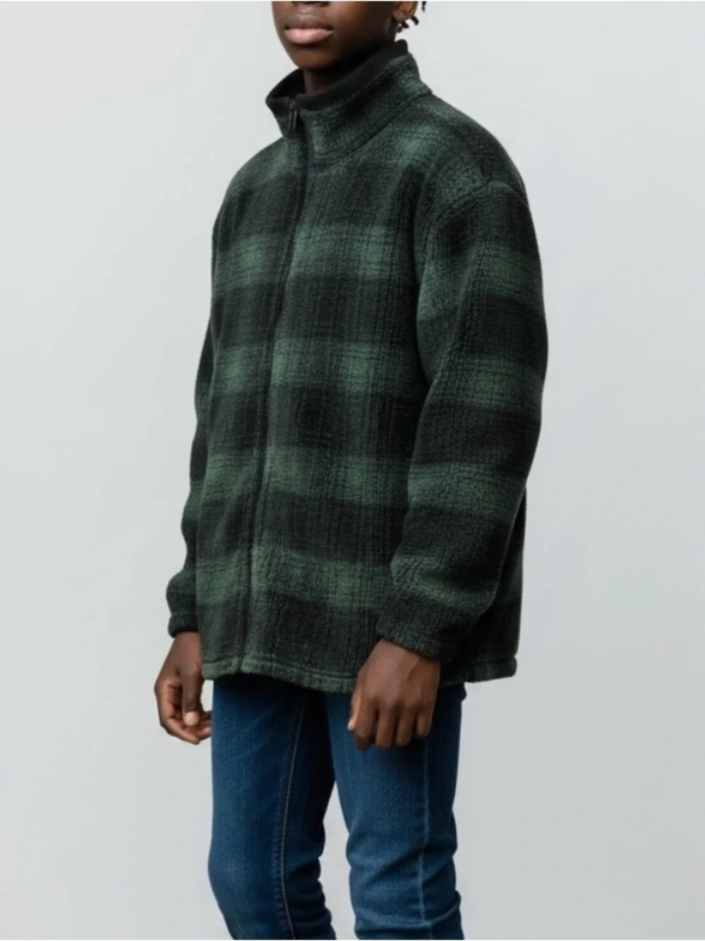 Gap Kids Unisex Green Black Plaid Full Zip High Neck Fleece Jacket Size XL 12-14